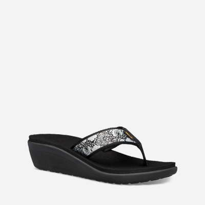 Teva Voya Wedge - Women's Teva Flip Flops - Black / White / Silver | India (XSQI13846)